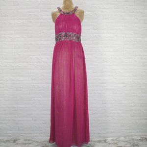 ADRIANNA PAPELL Gown Silk Prom Beaded Crystal Pleated Bodice Fuschia Size 12